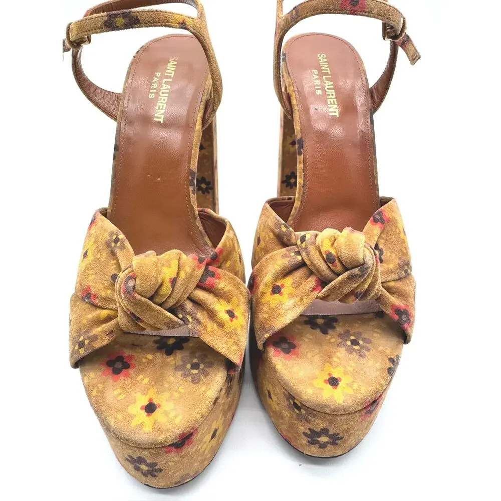 Saint Laurent Bianca Floral Suede Platform Sandals Knotted Heel EU 39.5